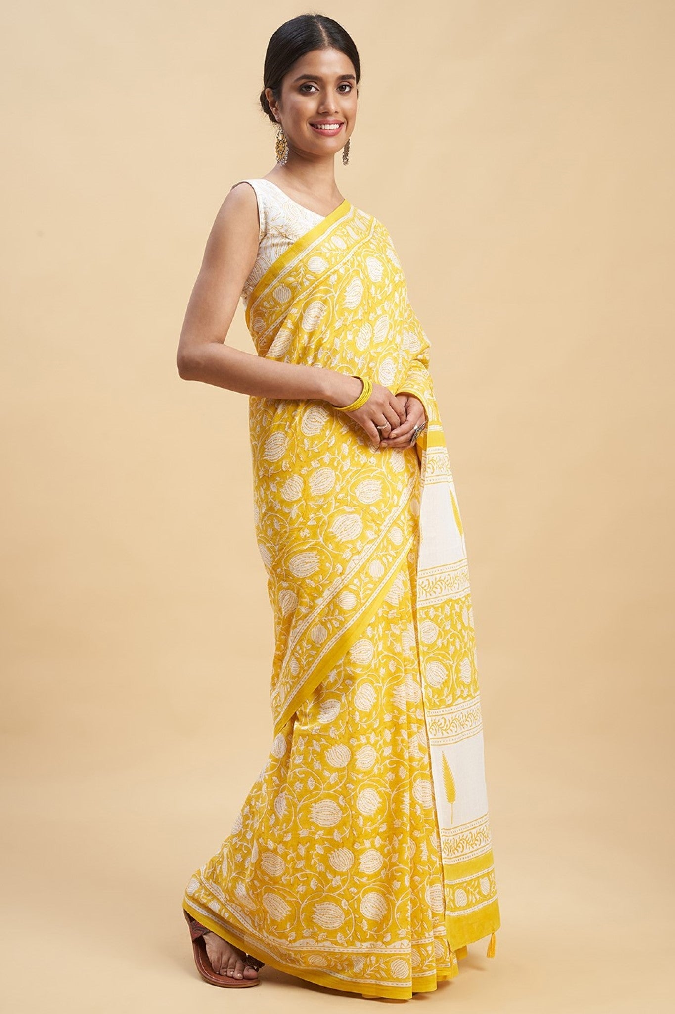"Botanical Yellow'' Block Printed Cotton Saree - SootiSyahi
