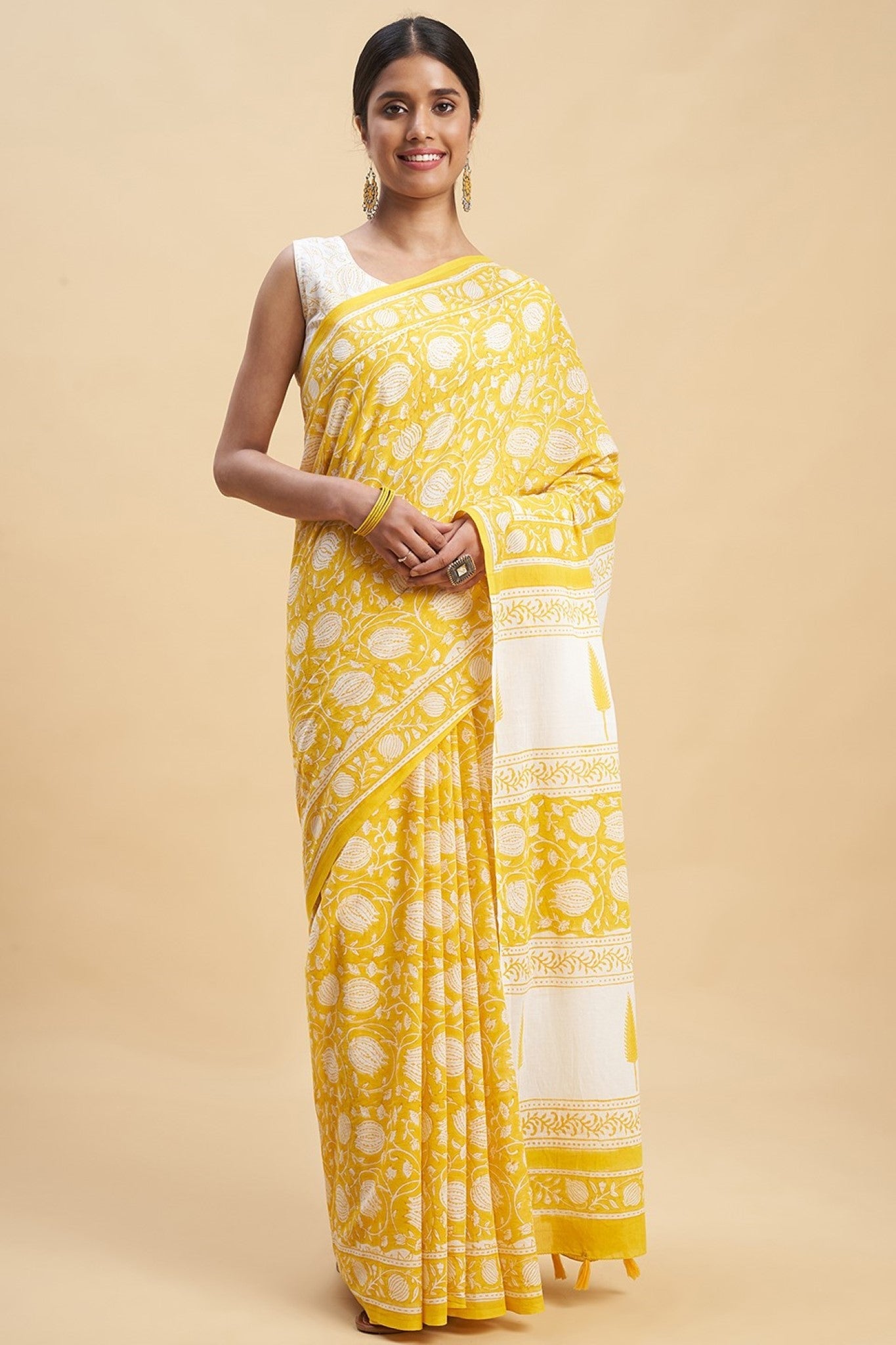 "Botanical Yellow'' Block Printed Cotton Saree - SootiSyahi