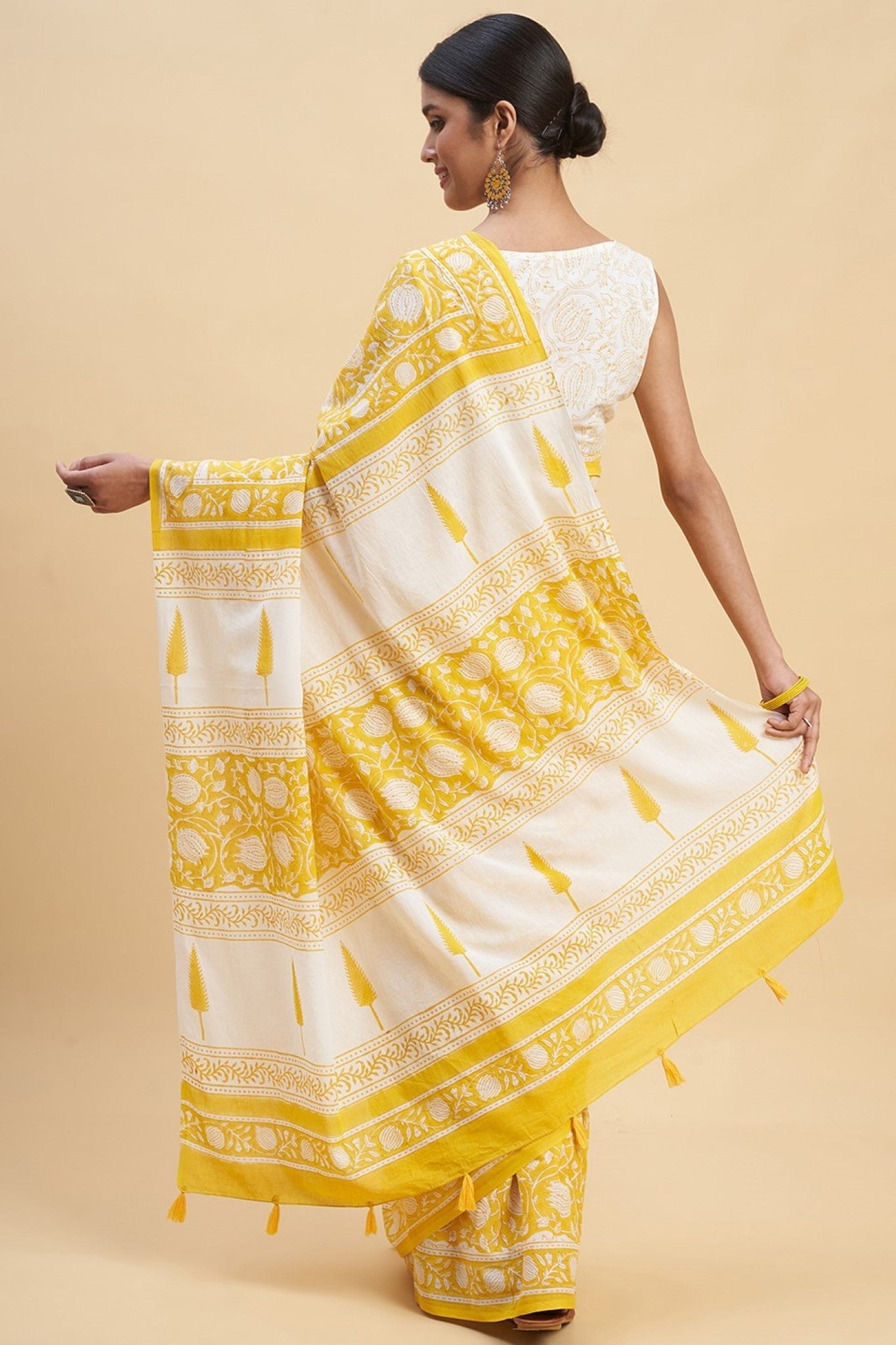 "Botanical Yellow'' Block Printed Cotton Saree - SootiSyahi