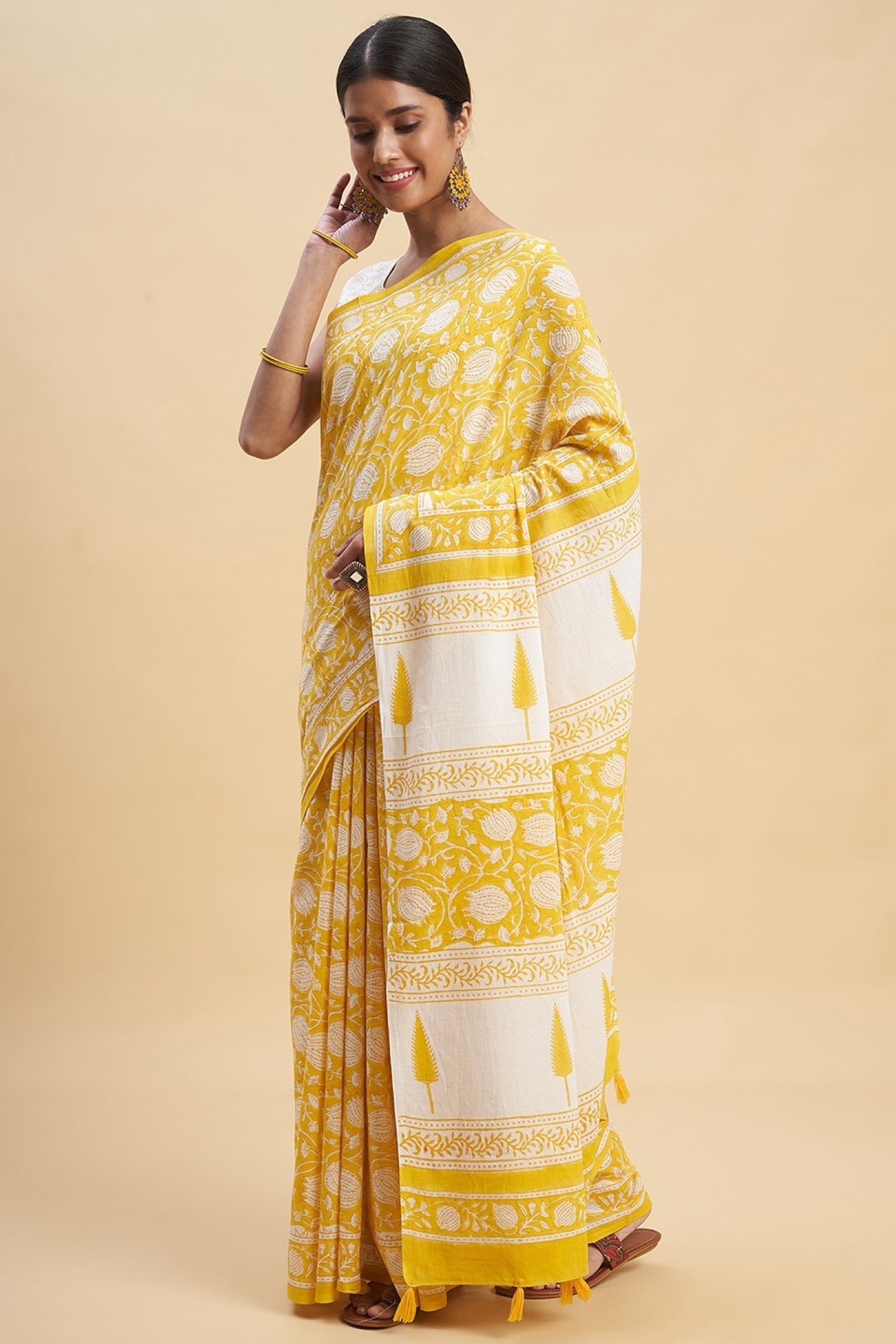 "Botanical Yellow'' Block Printed Cotton Saree - SootiSyahi