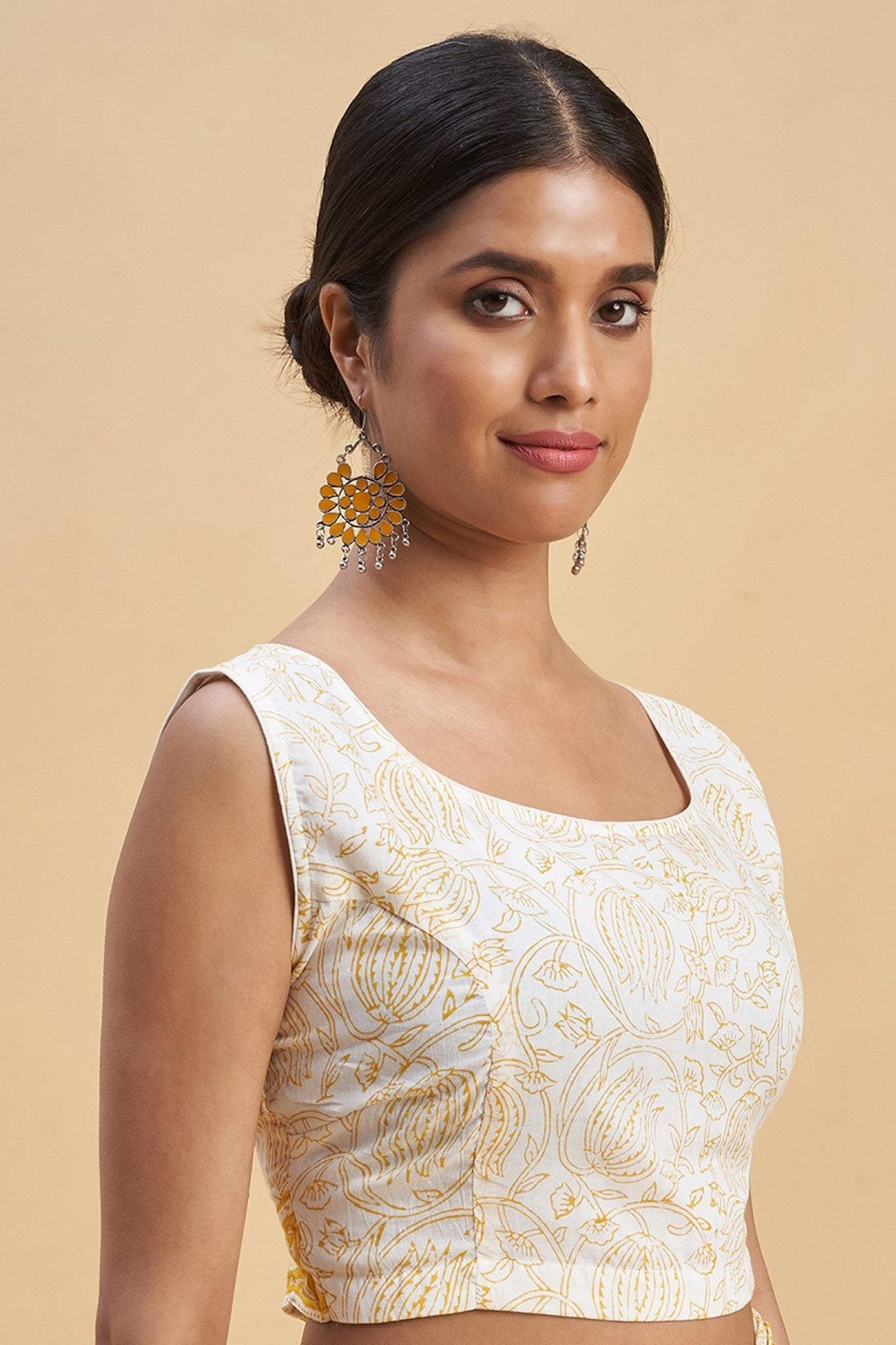 "Botanical Yellow'' Block Printed Cotton Saree - SootiSyahi