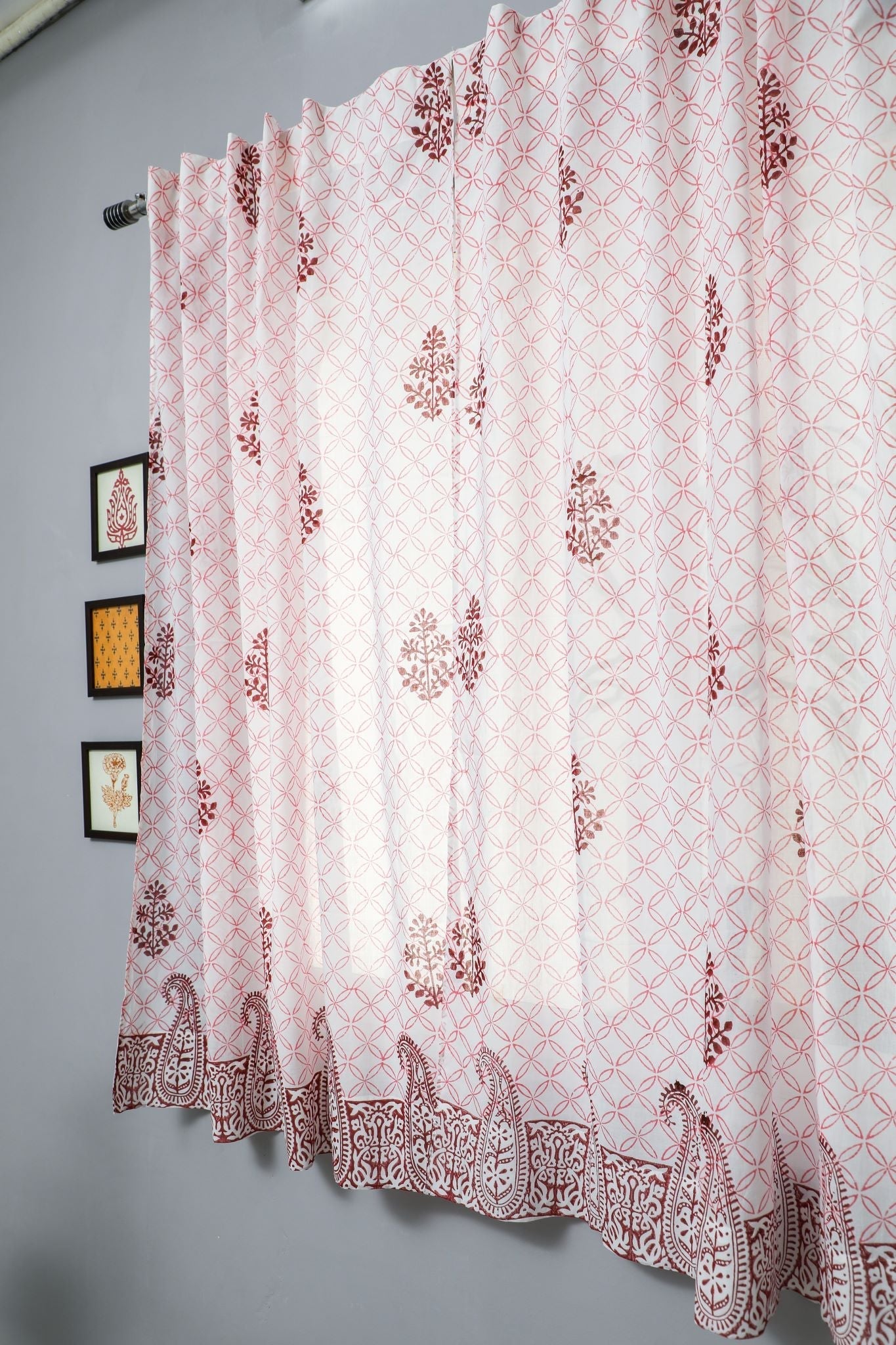 'Bunz’s Red Bangles' Handblock Printed Cotton Window Curtain - SootiSyahi