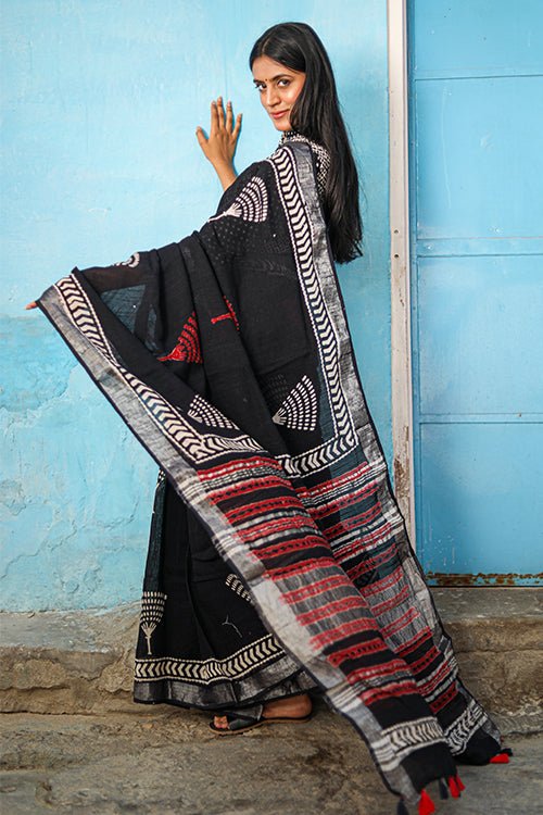 "CADENZA" CHUNA PATRI HANDBLOCK PRINT SLUB COTTON SAREE - SootiSyahi