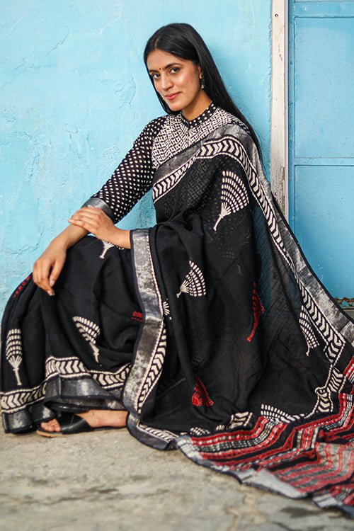 "CADENZA" CHUNA PATRI HANDBLOCK PRINT SLUB COTTON SAREE - SootiSyahi