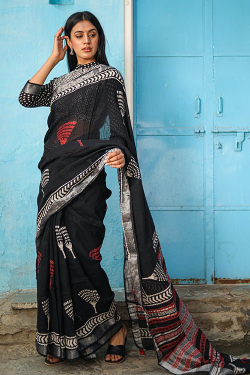 "CADENZA" CHUNA PATRI HANDBLOCK PRINT SLUB COTTON SAREE - SootiSyahi