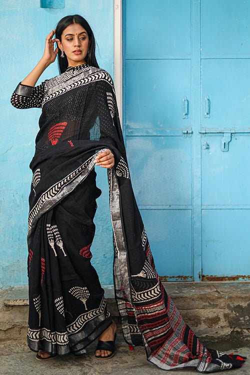 "CADENZA" CHUNA PATRI HANDBLOCK PRINT SLUB COTTON SAREE - SootiSyahi