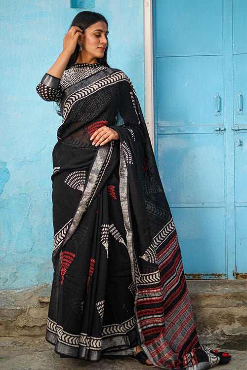 "CADENZA" CHUNA PATRI HANDBLOCK PRINT SLUB COTTON SAREE - SootiSyahi