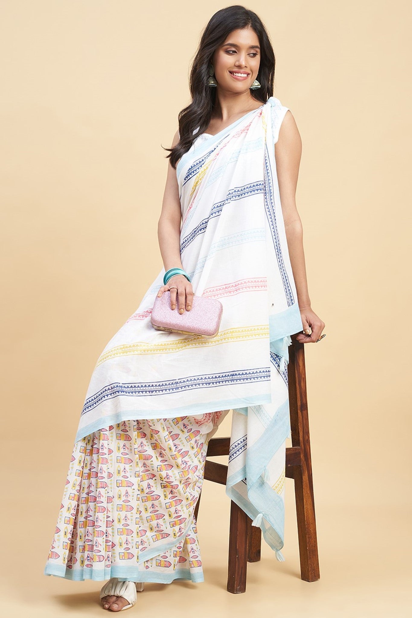 "California Orange" HANDBLOCK PRINT MUL COTTON SAREE - SootiSyahi