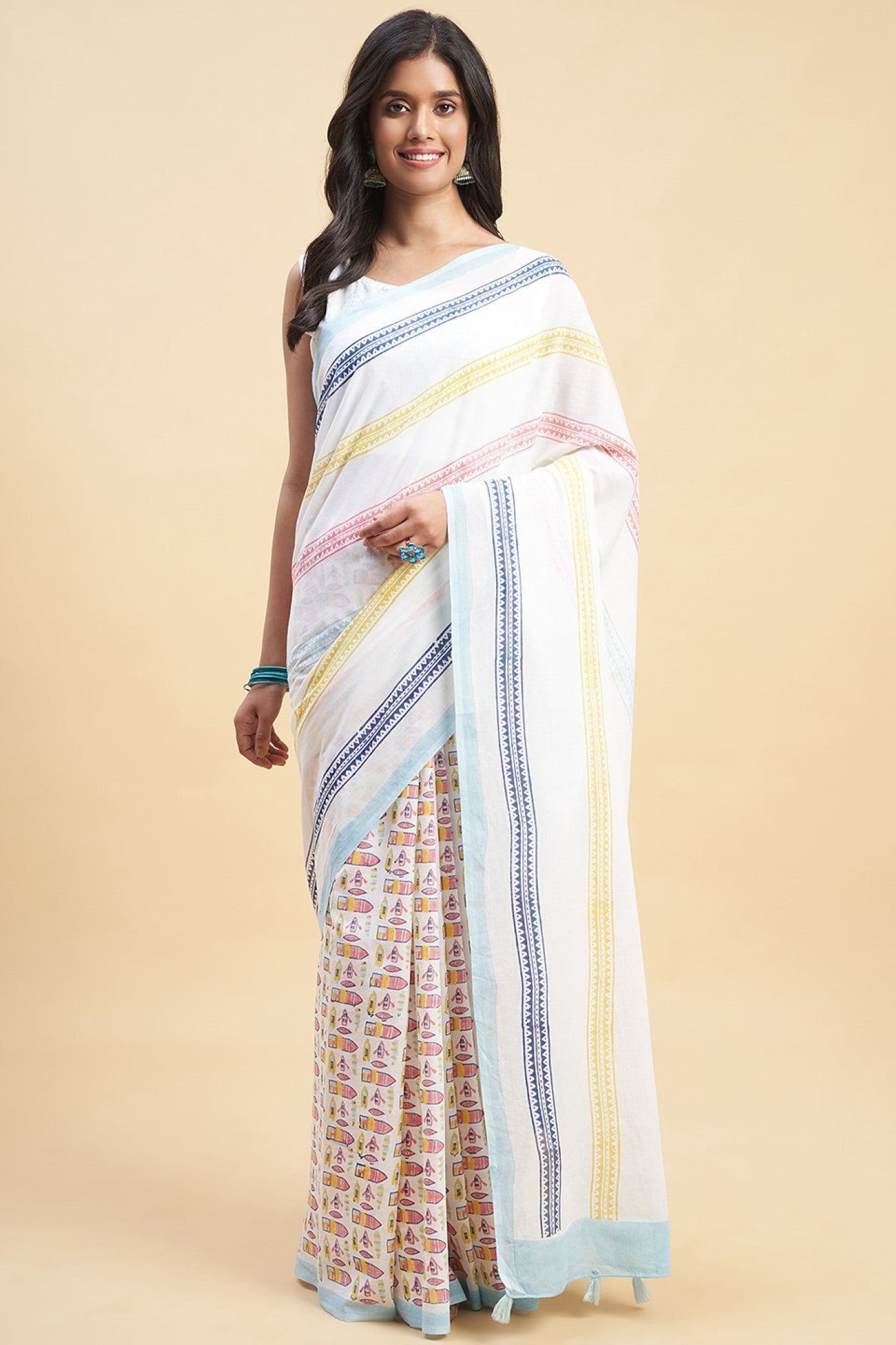 Multi Colour Block Bengal Handwoven Muslin Saree - Orange
