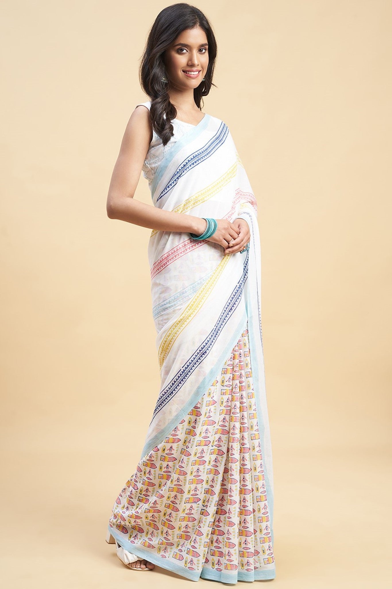 "California Orange" HANDBLOCK PRINT MUL COTTON SAREE - SootiSyahi