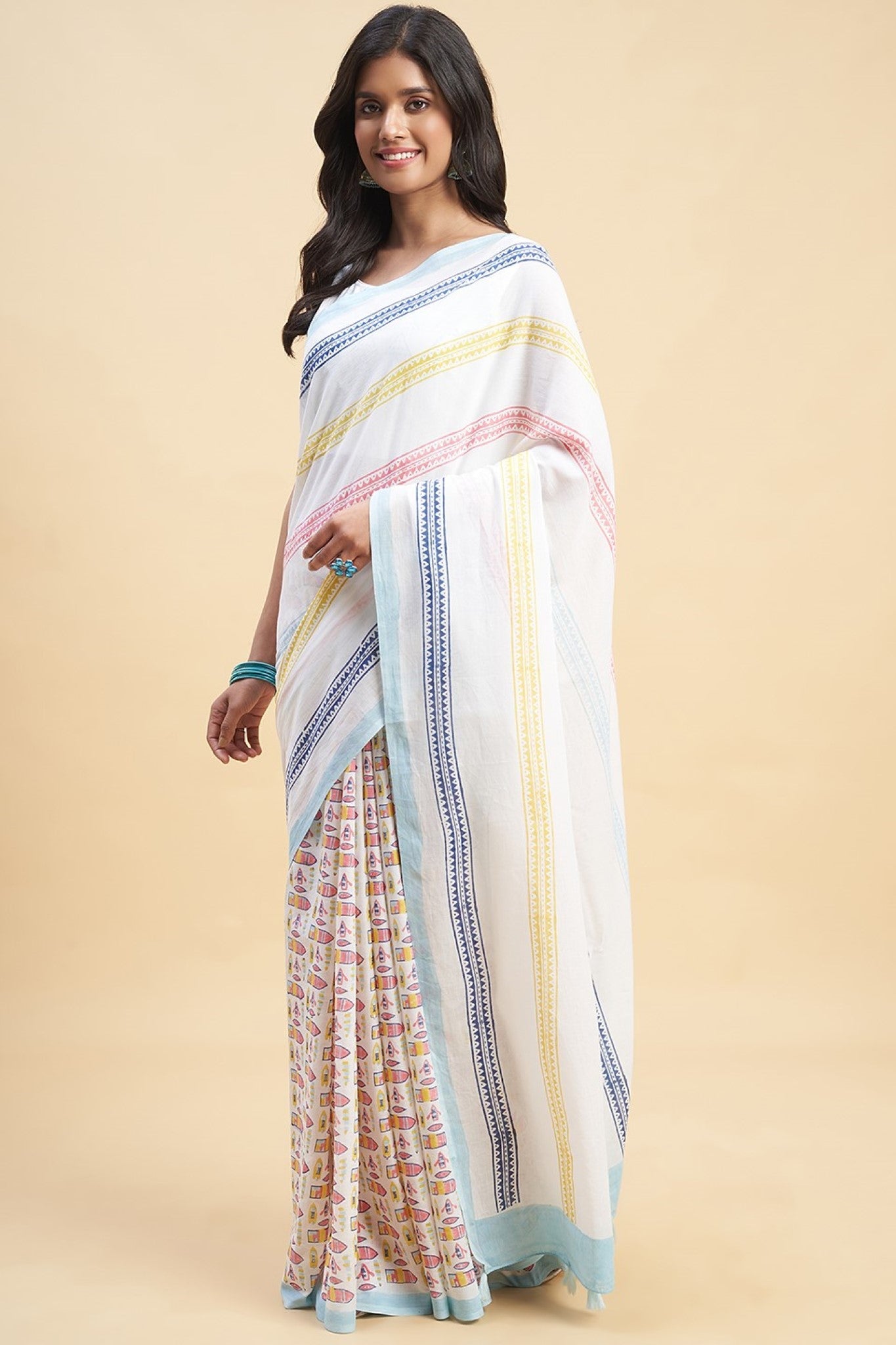 "California Orange" HANDBLOCK PRINT MUL COTTON SAREE - SootiSyahi