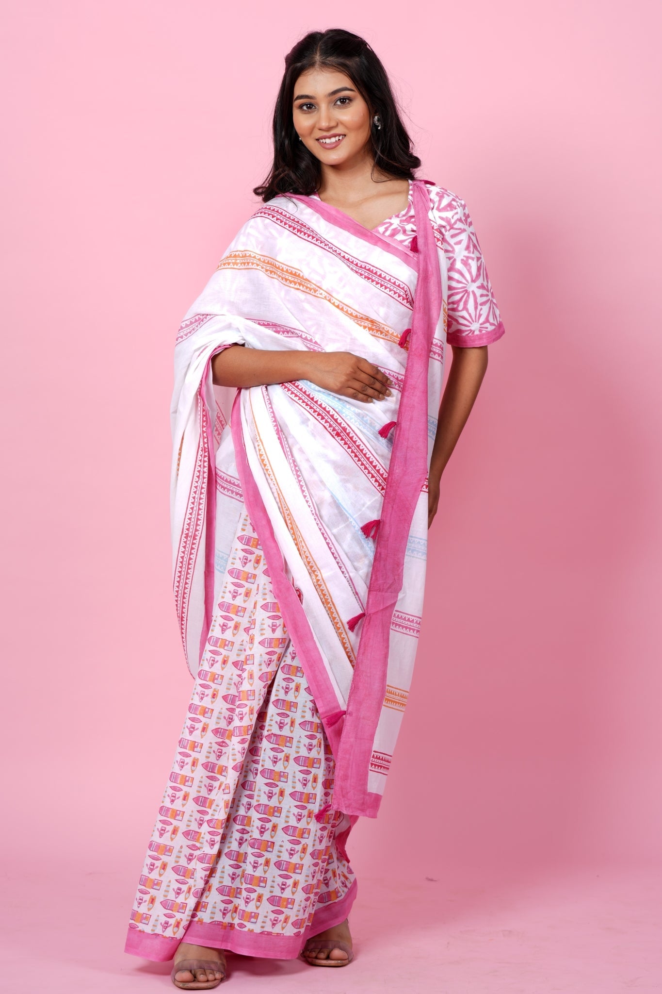 " California Pink" Block Printed Cotton Saree - SootiSyahi