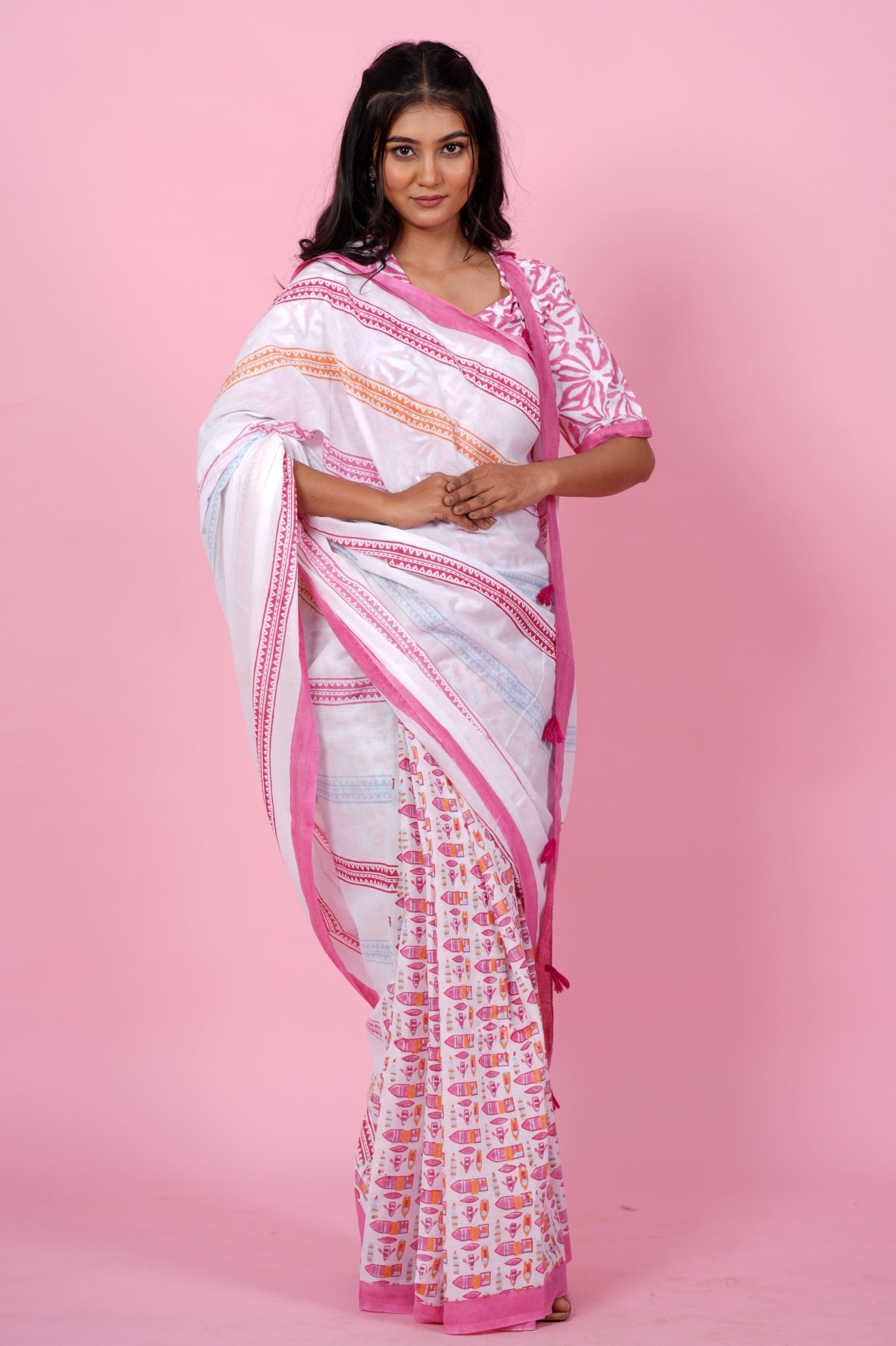 " California Pink" Block Printed Cotton Saree - SootiSyahi