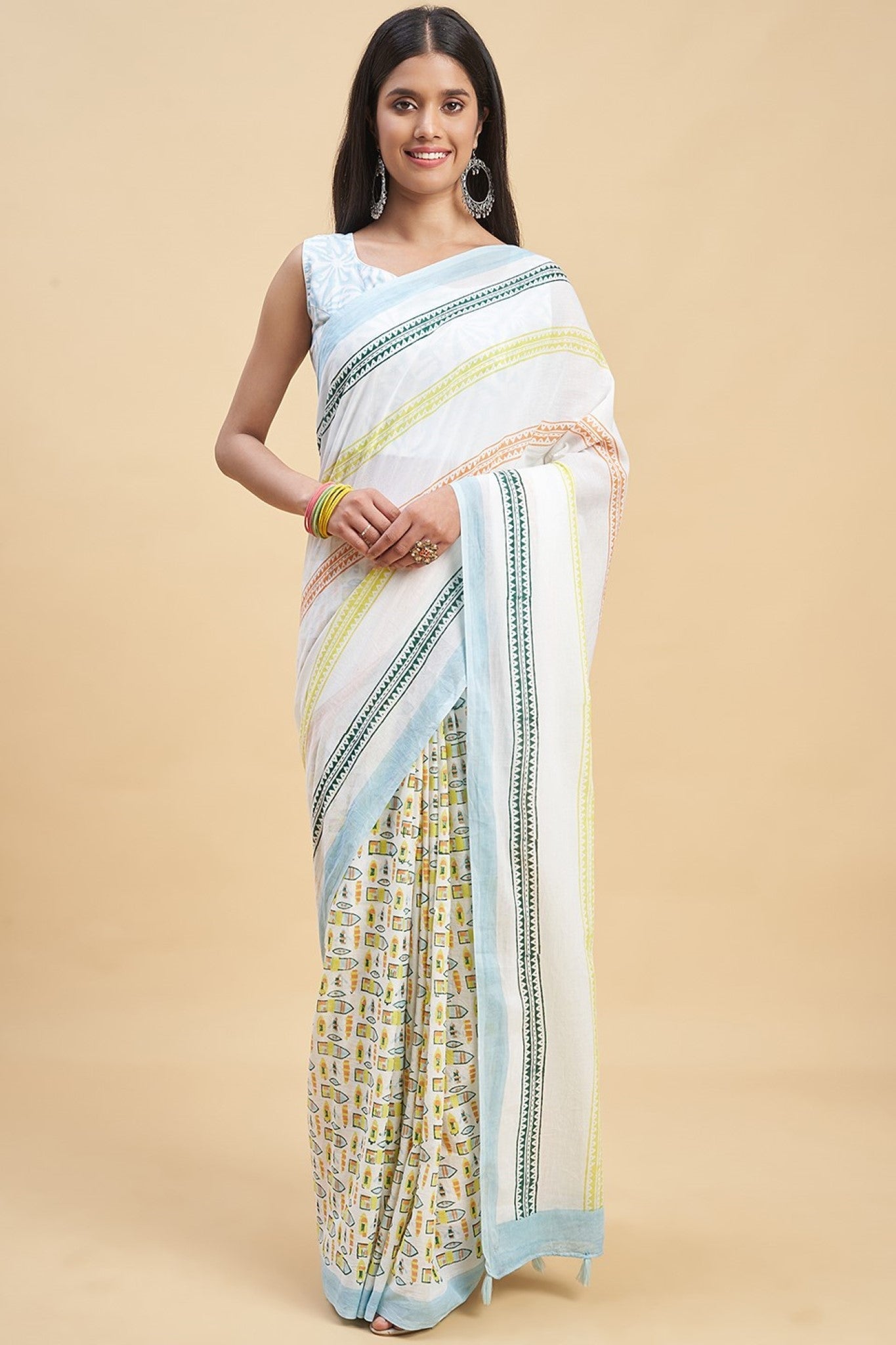 "California Sky Blue" HANDBLOCK PRINT MUL COTTON SAREE - SootiSyahi