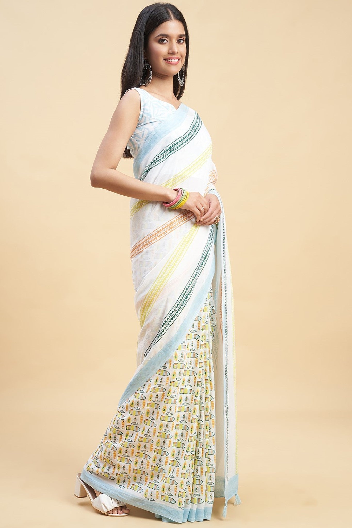"California Sky Blue" HANDBLOCK PRINT MUL COTTON SAREE - SootiSyahi