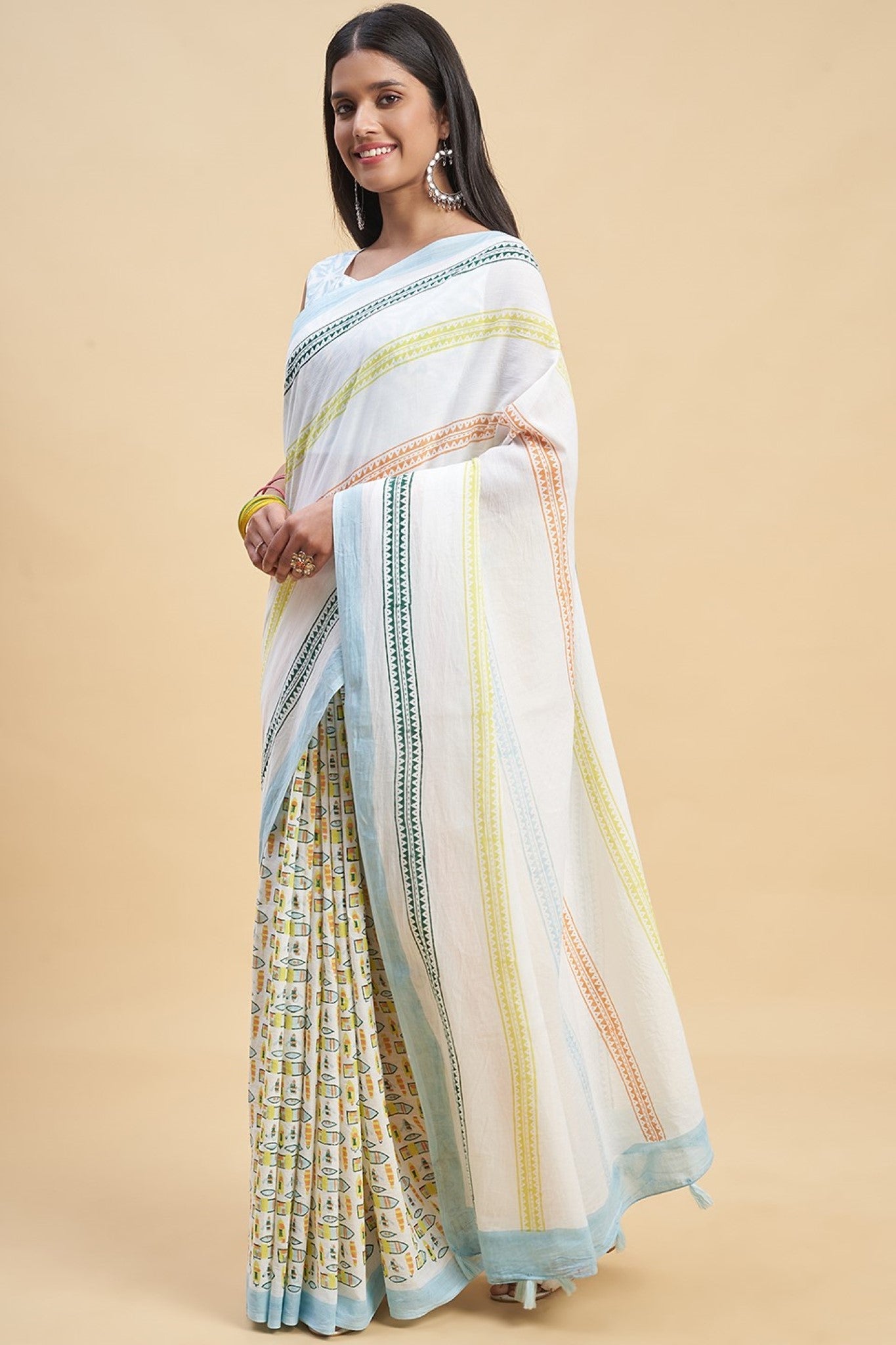 "California Sky Blue" HANDBLOCK PRINT MUL COTTON SAREE - SootiSyahi