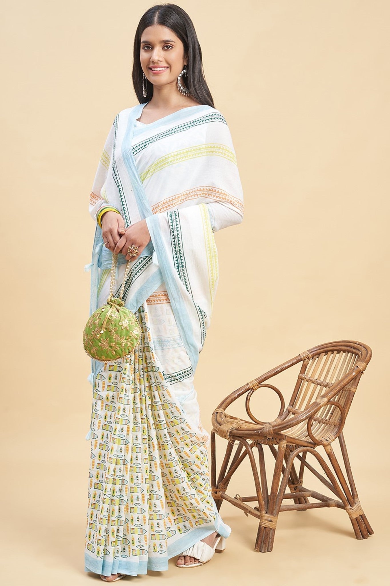 "California Sky Blue" HANDBLOCK PRINT MUL COTTON SAREE - SootiSyahi