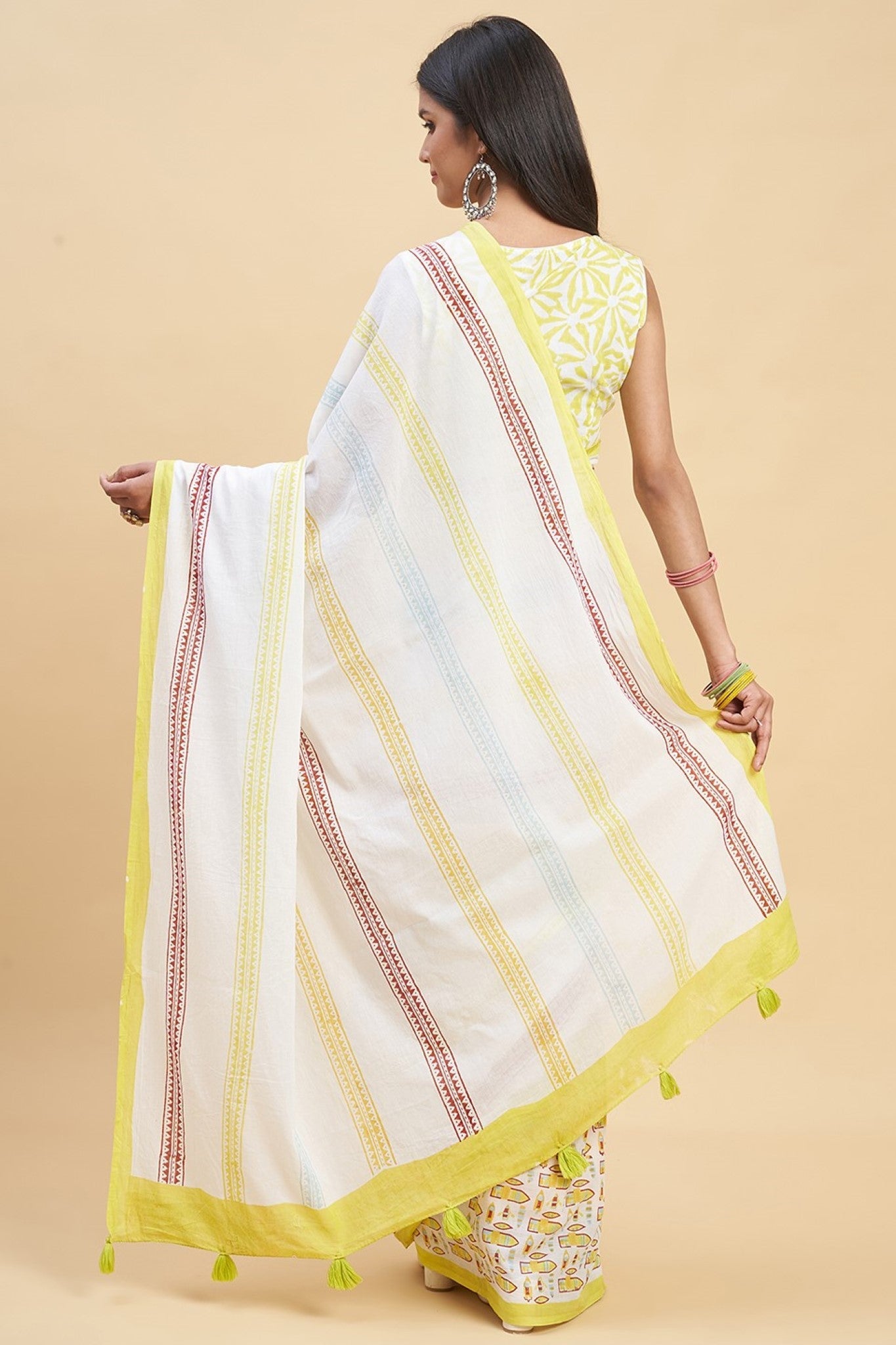 "California Yellow" HANDBLOCK PRINT MUL COTTON SAREE - SootiSyahi