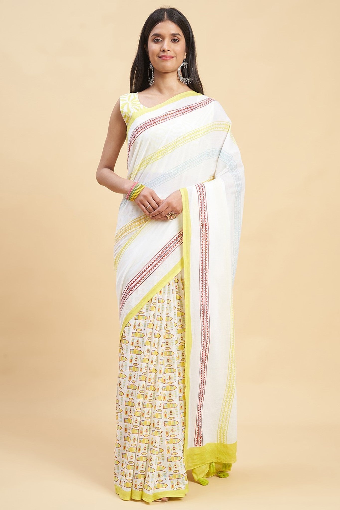 "California Yellow" HANDBLOCK PRINT MUL COTTON SAREE - SootiSyahi