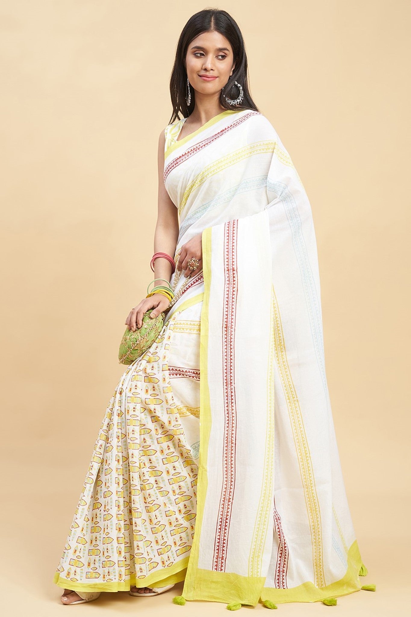"California Yellow" HANDBLOCK PRINT MUL COTTON SAREE - SootiSyahi