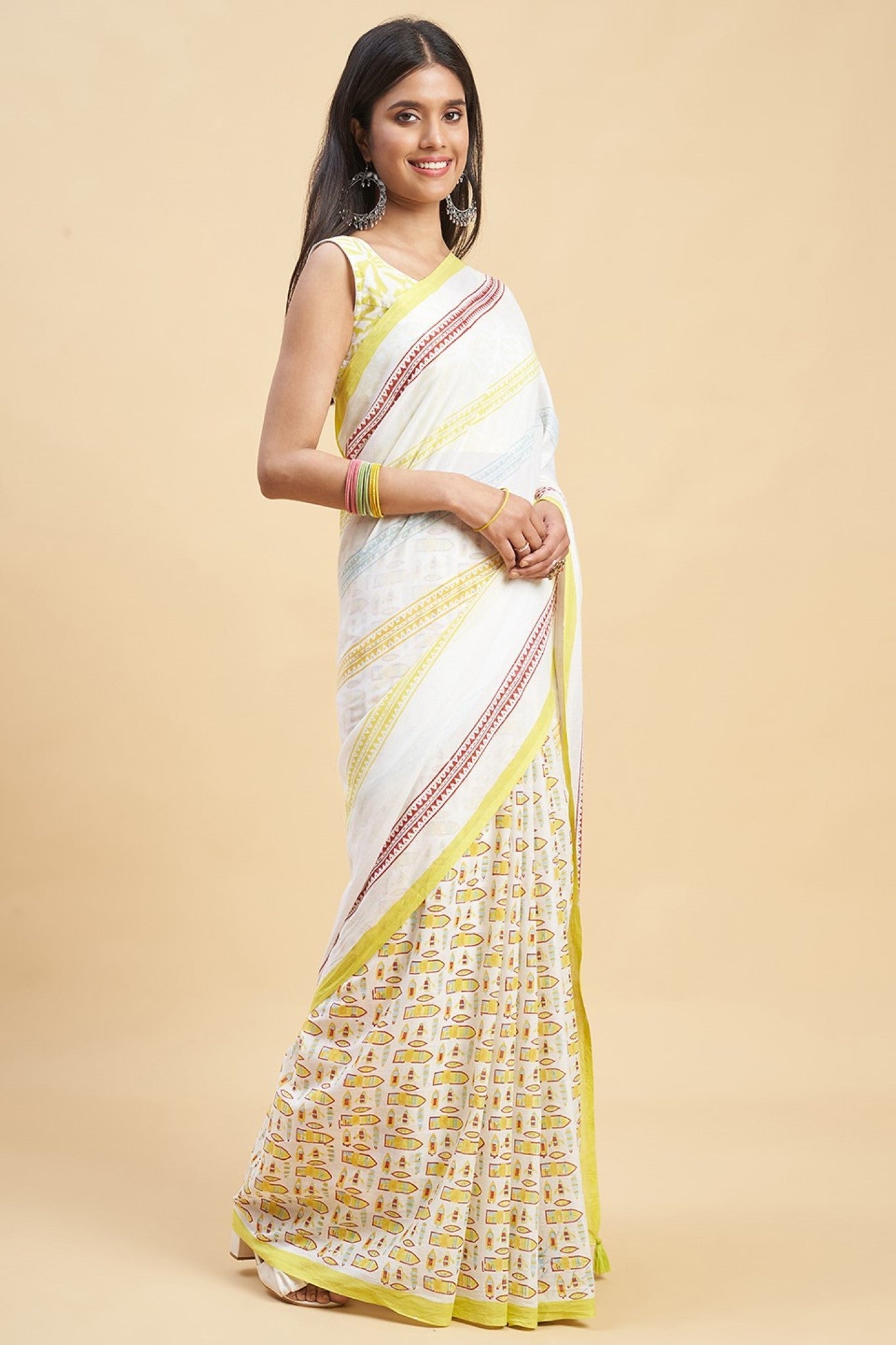 "California Yellow" HANDBLOCK PRINT MUL COTTON SAREE - SootiSyahi