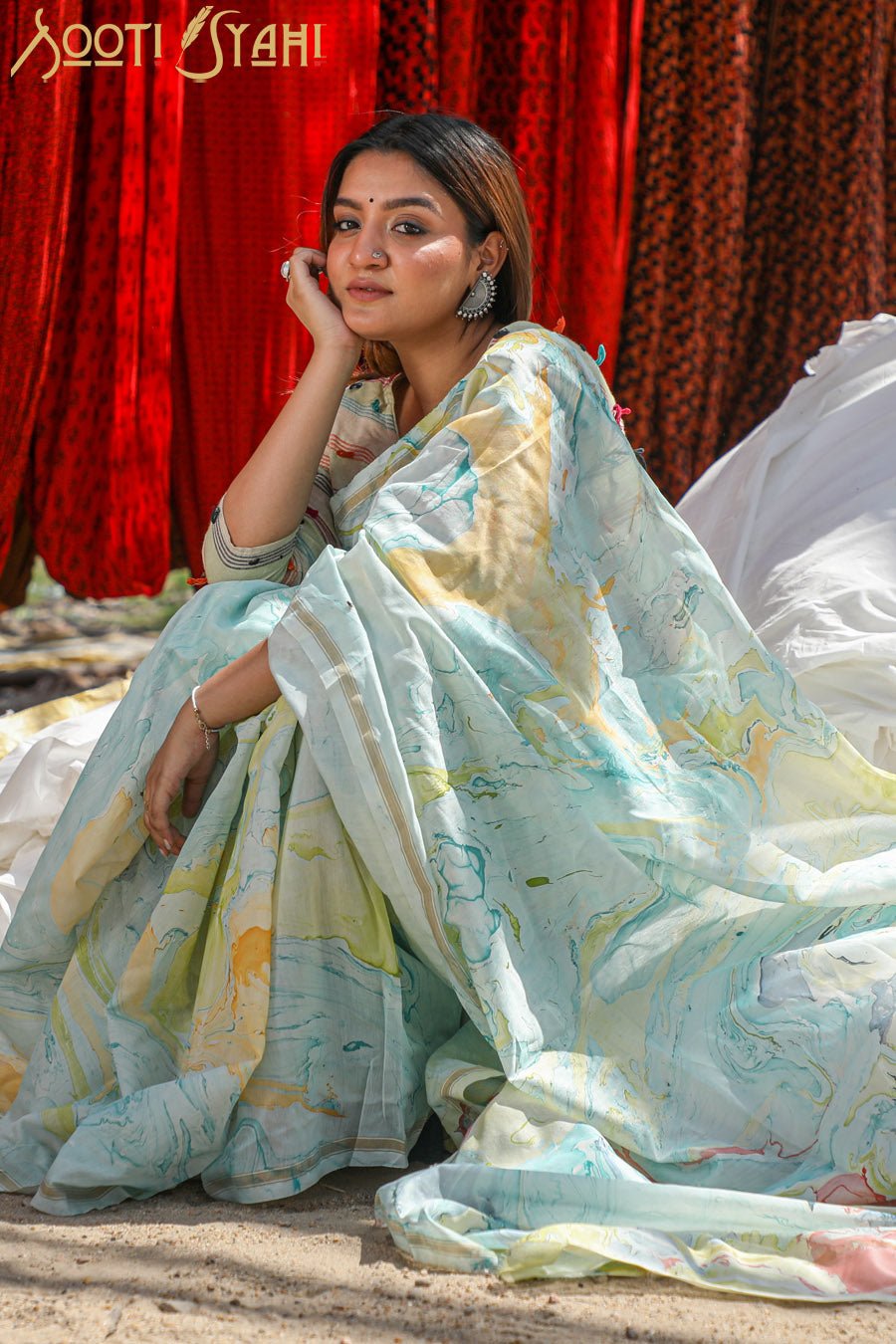 "CALM" HAND MARBLE PRINT CHANDERI SILK SAREE - SootiSyahi