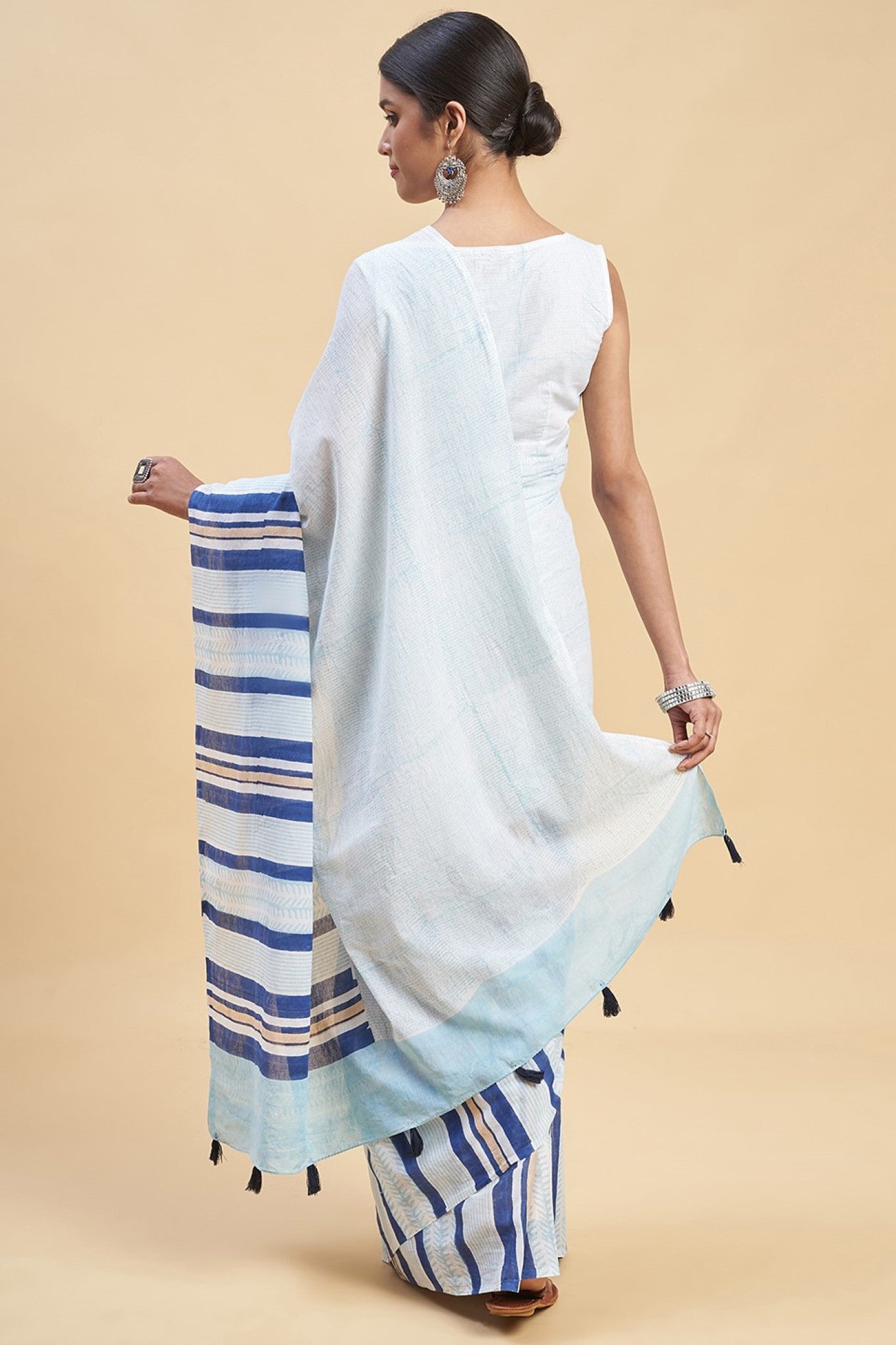 " Candy Blue stripes'' Block Printed Cotton Saree - SootiSyahi