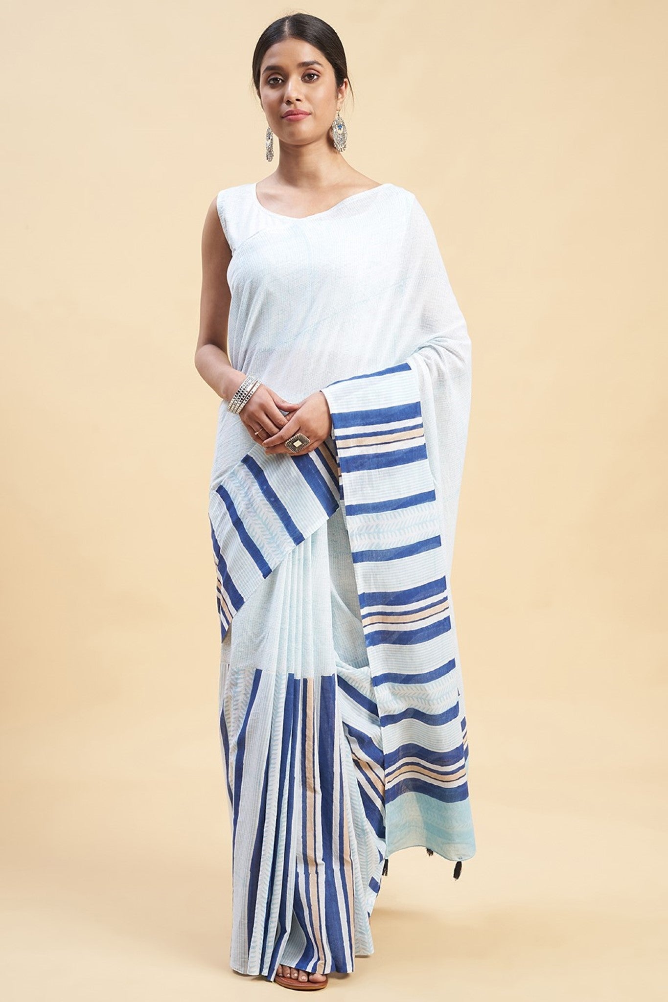 " Candy Blue stripes'' Block Printed Cotton Saree - SootiSyahi
