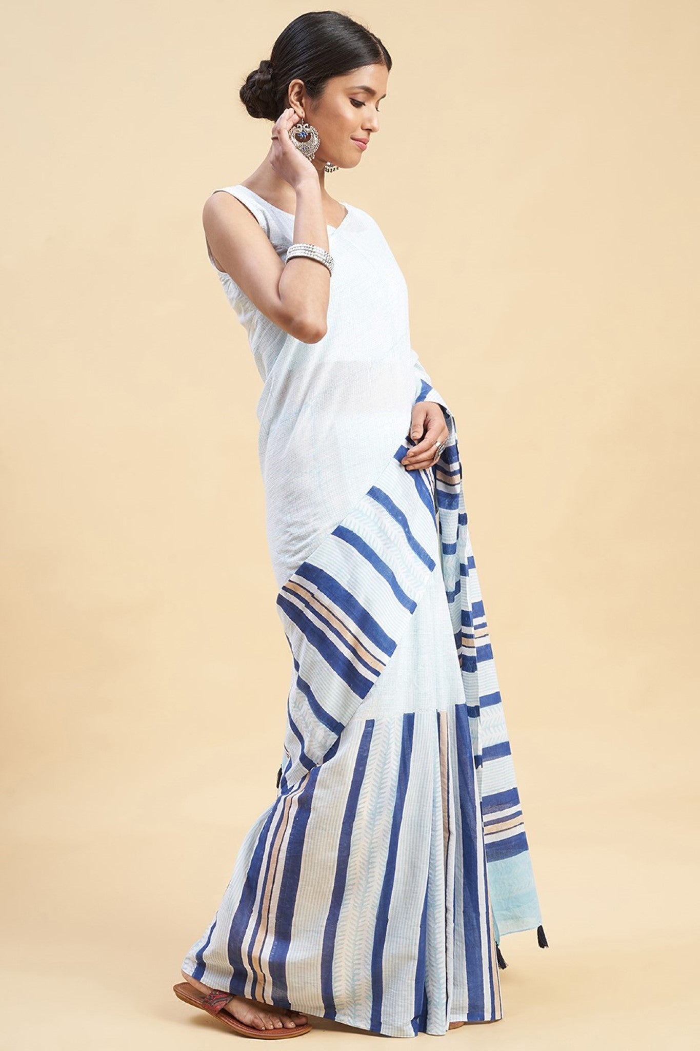 " Candy Blue stripes'' Block Printed Cotton Saree - SootiSyahi