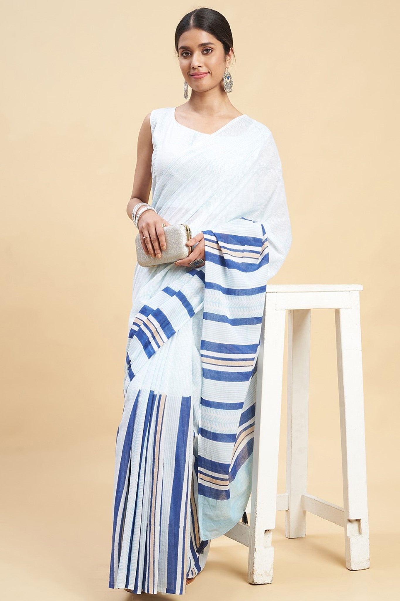 " Candy Blue stripes'' Block Printed Cotton Saree - SootiSyahi