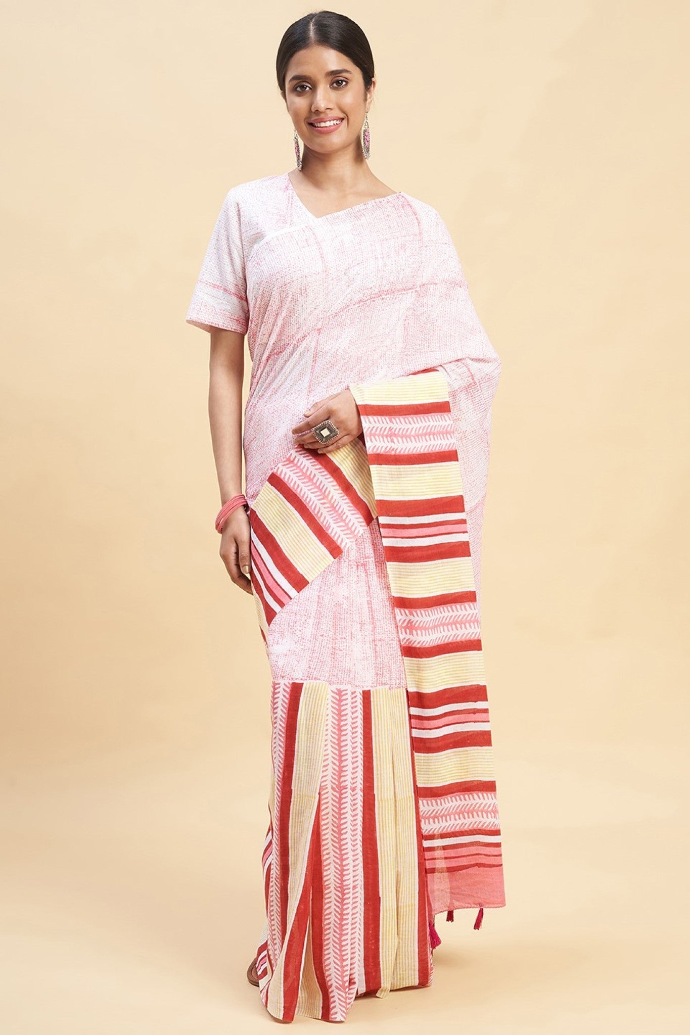 " Candy Pink stripes'' Block Printed Cotton Saree - SootiSyahi