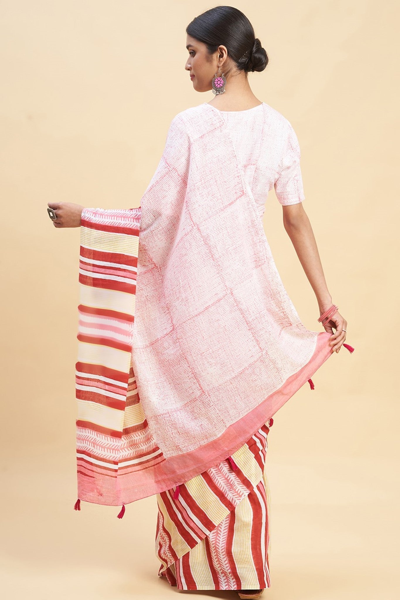 " Candy Pink stripes'' Block Printed Cotton Saree - SootiSyahi