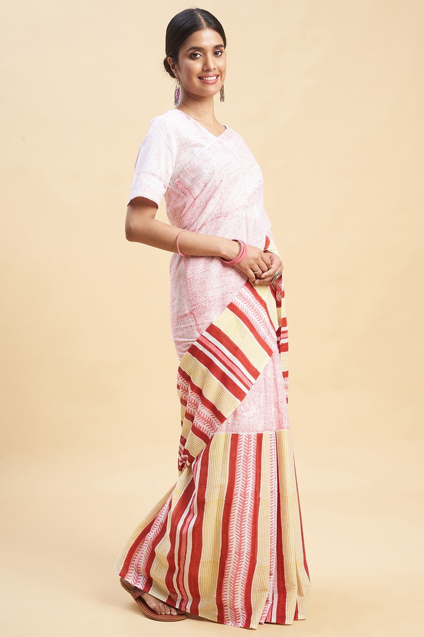 " Candy Pink stripes'' Block Printed Cotton Saree - SootiSyahi
