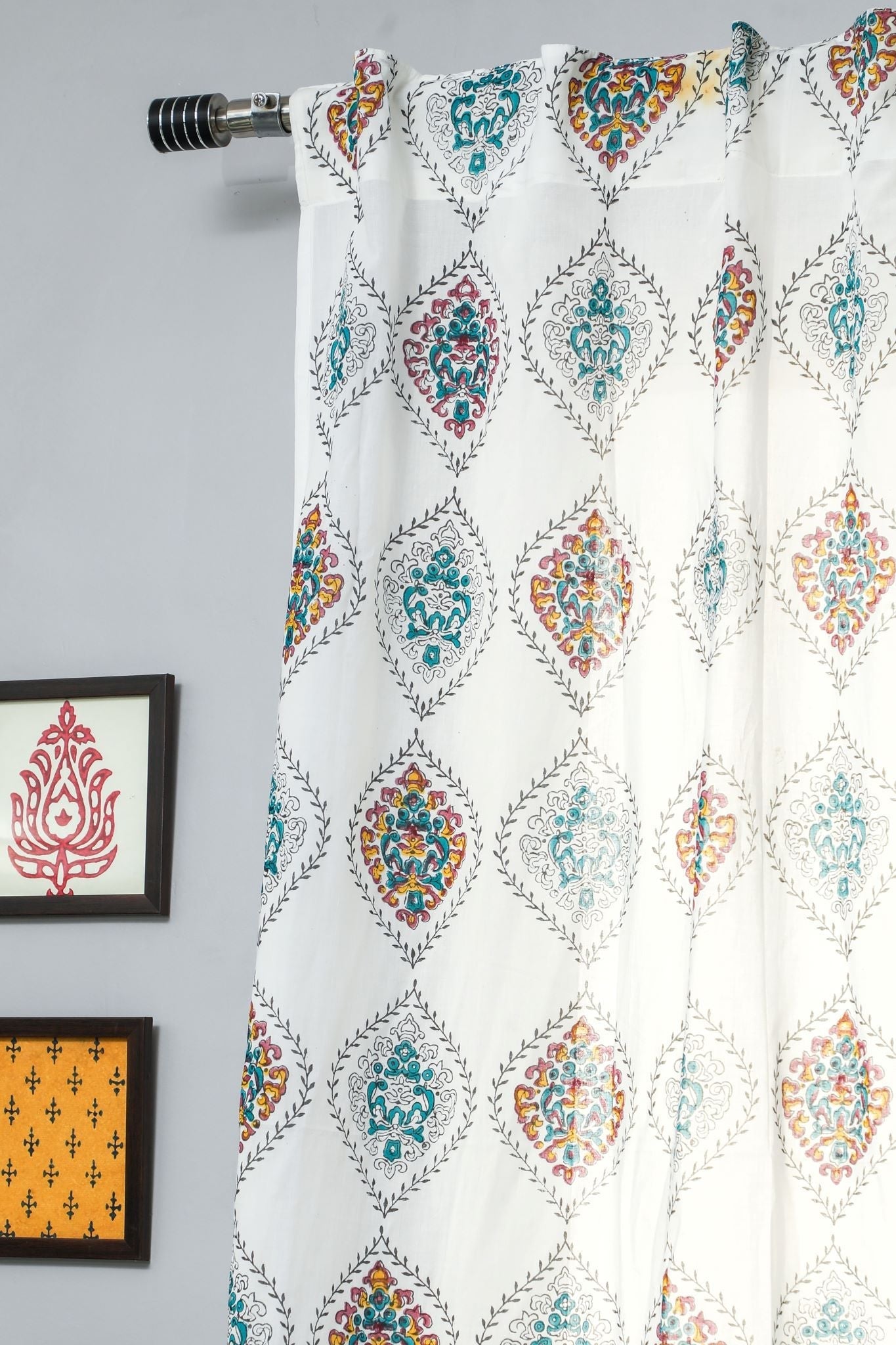 'Carved Ornaments' Handblock Printed Cotton Window Curtain - SootiSyahi