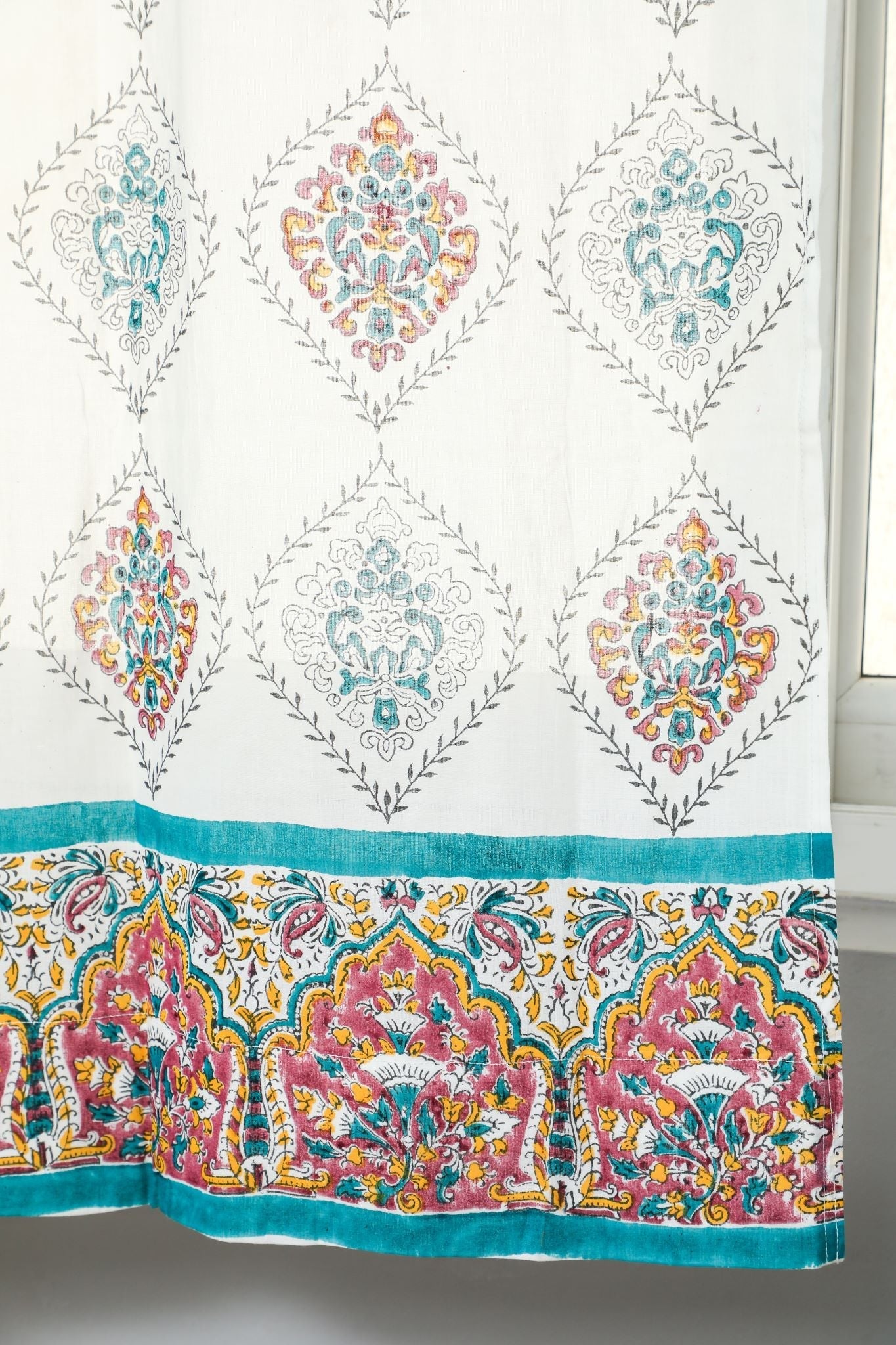 'Carved Ornaments' Handblock Printed Cotton Window Curtain - SootiSyahi