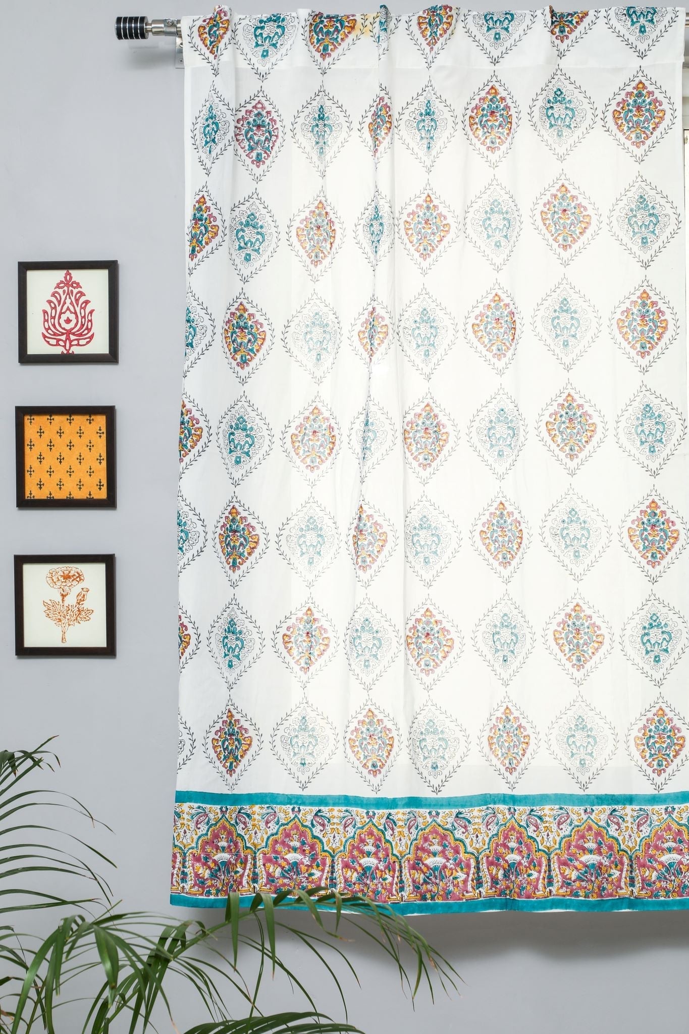 'Carved Ornaments' Handblock Printed Cotton Window Curtain - SootiSyahi