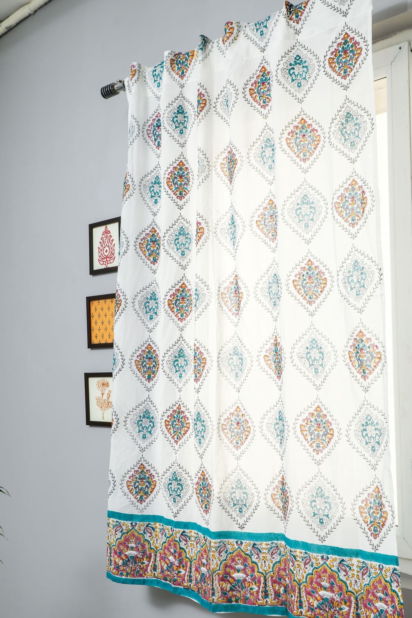'Carved Ornaments' Handblock Printed Cotton Window Curtain - SootiSyahi