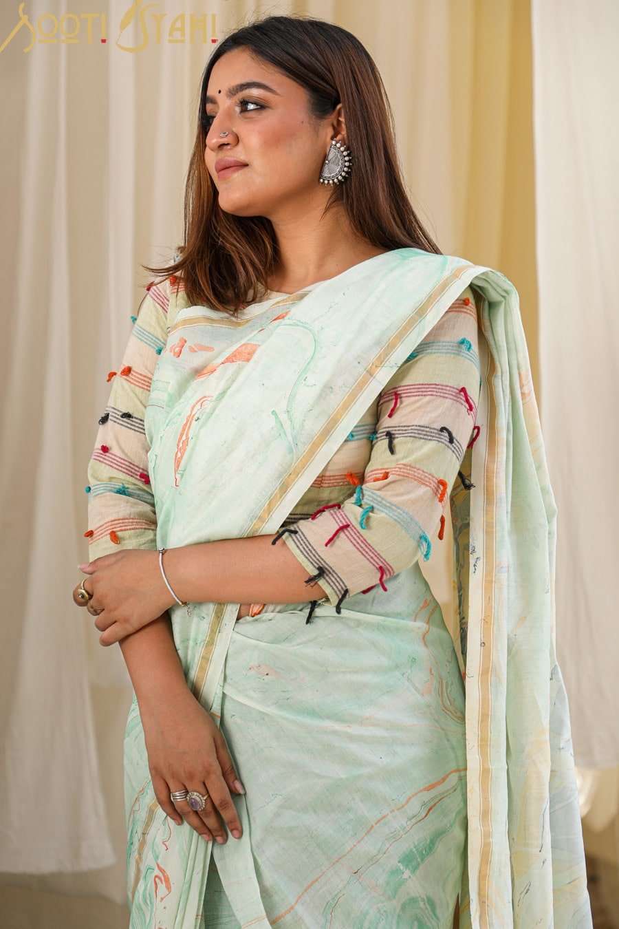 "CHARISMA" HAND MARBLE PRINT CHANDERI SILK SAREE - SootiSyahi