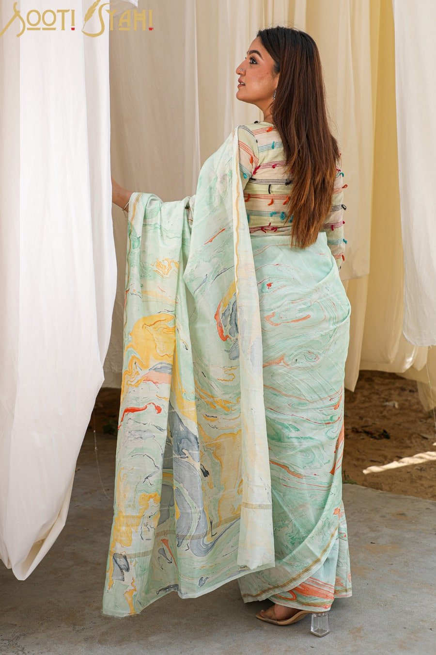 "CHARISMA" HAND MARBLE PRINT CHANDERI SILK SAREE - SootiSyahi