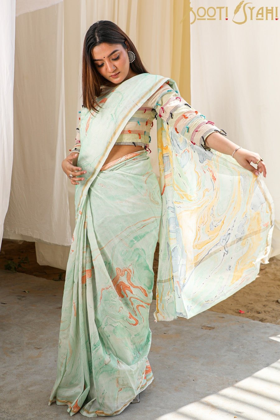 "CHARISMA" HAND MARBLE PRINT CHANDERI SILK SAREE - SootiSyahi