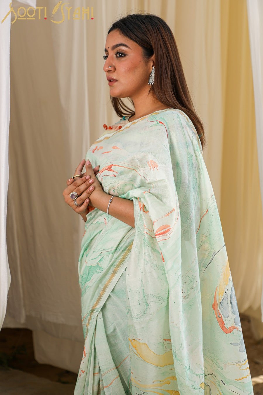"CHARISMA" HAND MARBLE PRINT CHANDERI SILK SAREE - SootiSyahi