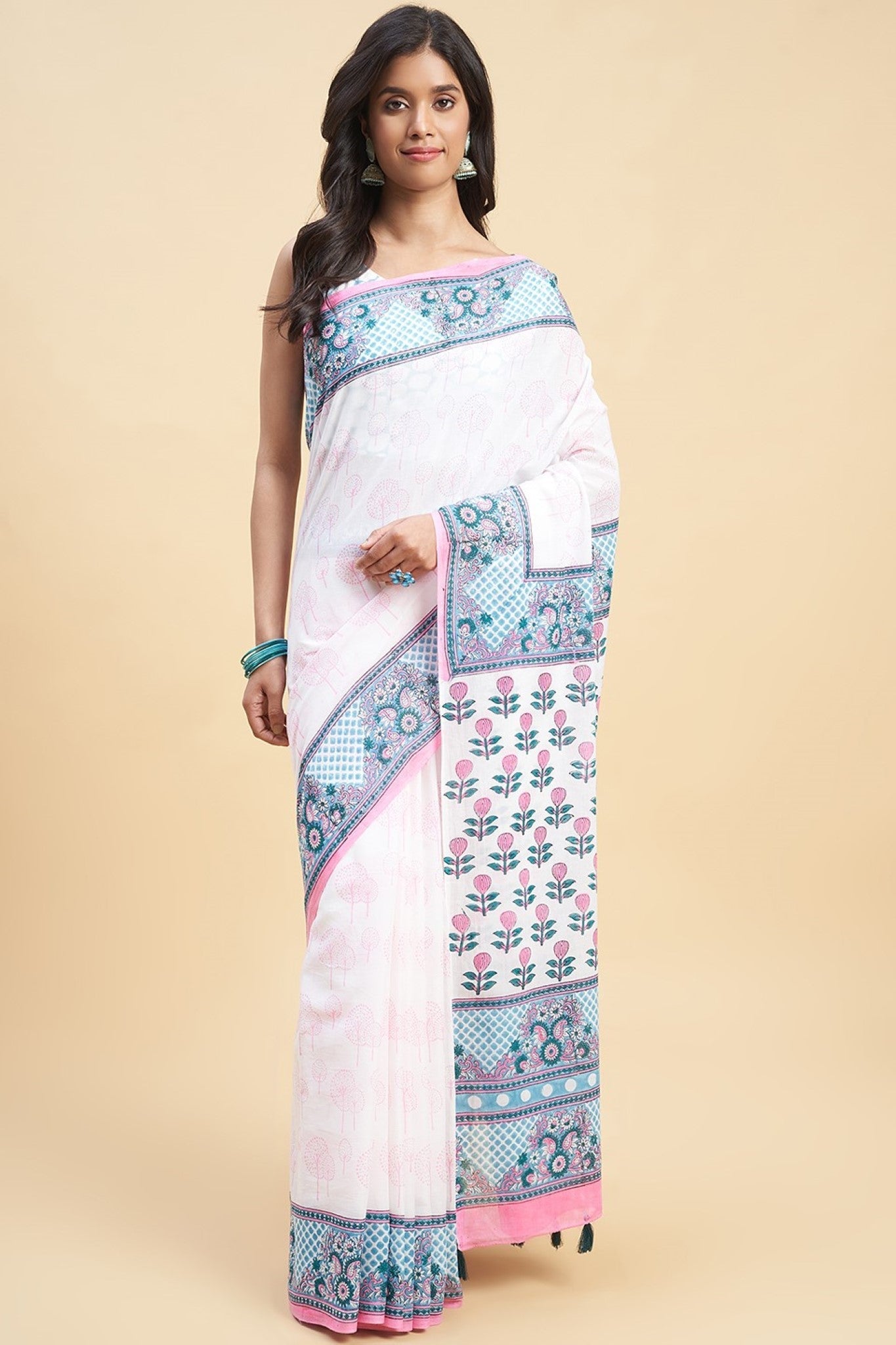 "Cherry Blossom" HANDBLOCK PRINT MUL COTTON SAREE - SootiSyahi