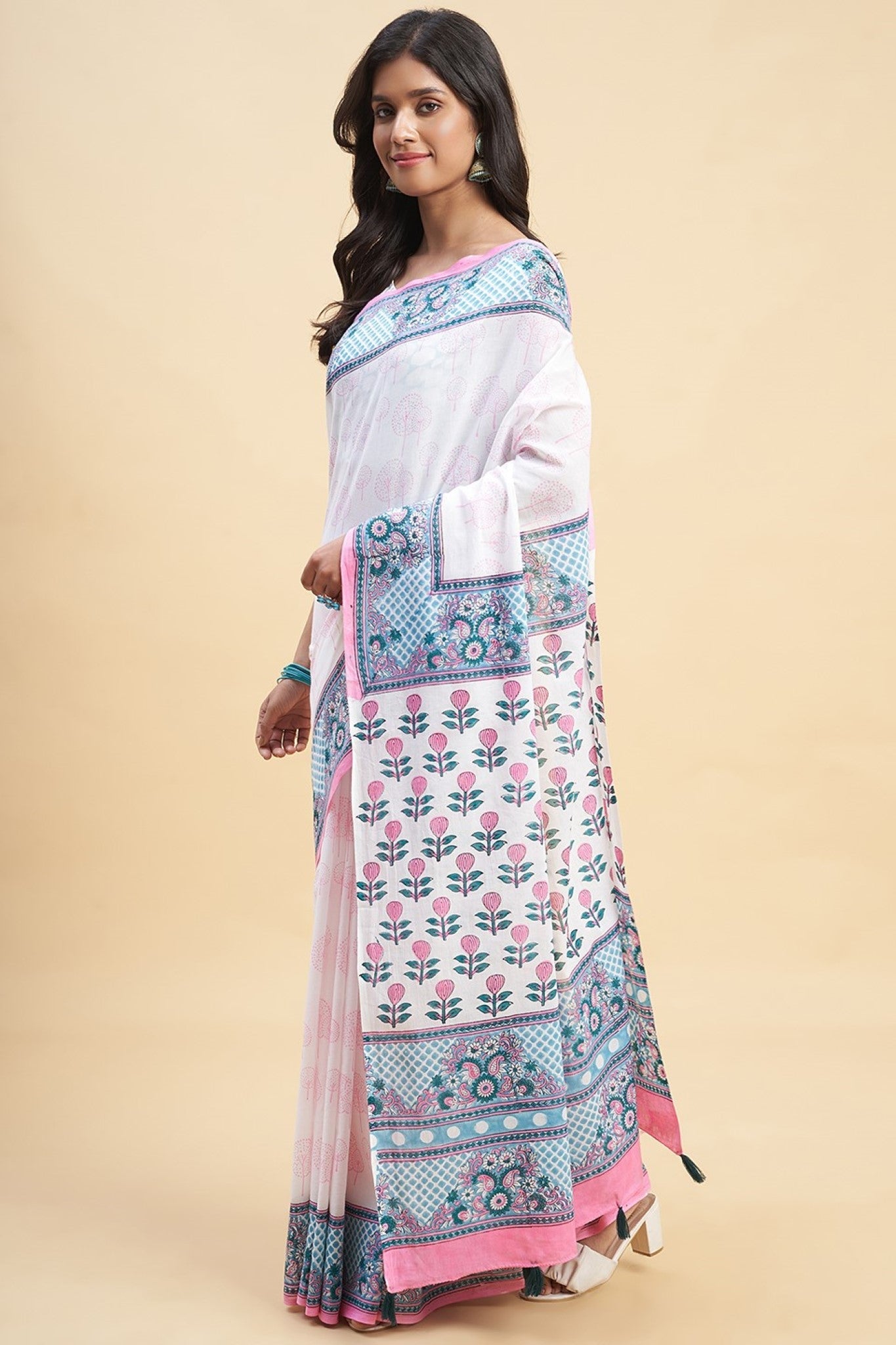 "Cherry Blossom" HANDBLOCK PRINT MUL COTTON SAREE - SootiSyahi