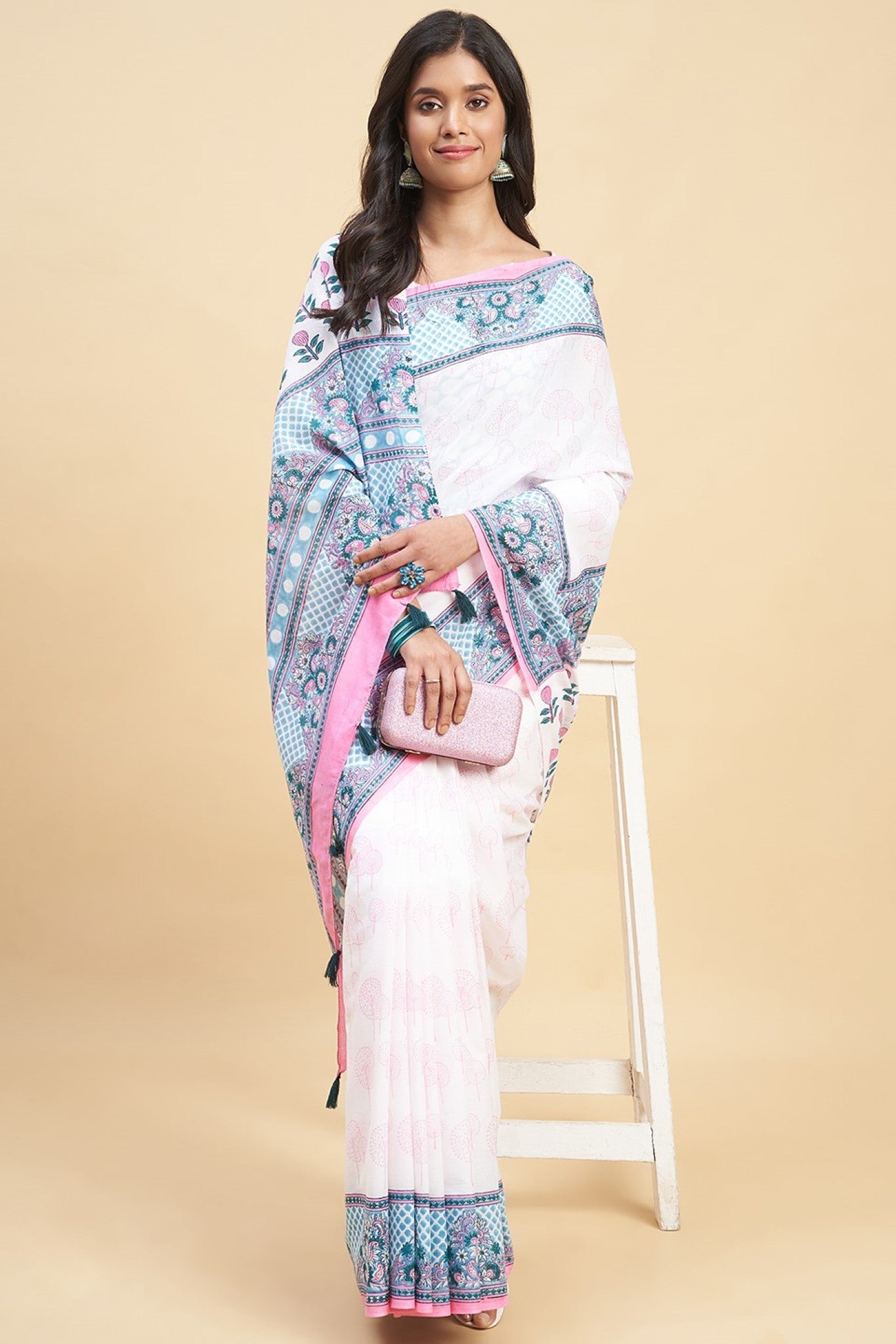 "Cherry Blossom" HANDBLOCK PRINT MUL COTTON SAREE - SootiSyahi
