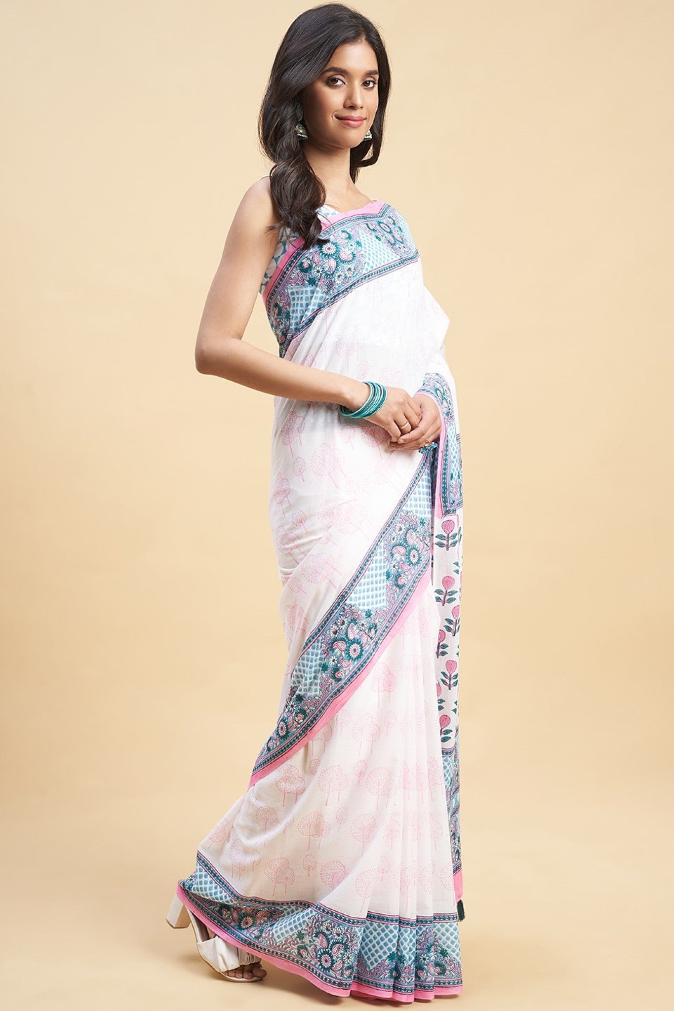 "Cherry Blossom" HANDBLOCK PRINT MUL COTTON SAREE - SootiSyahi