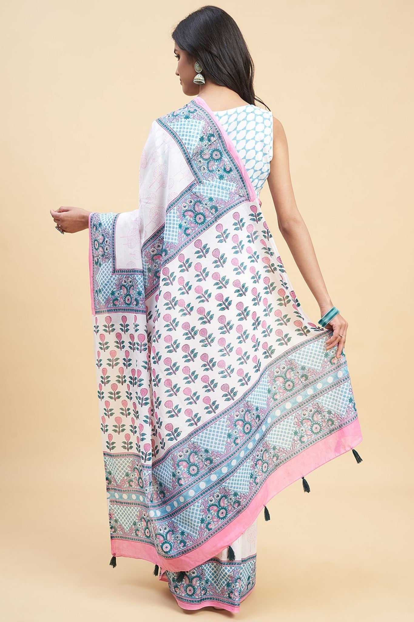 "Cherry Blossom" HANDBLOCK PRINT MUL COTTON SAREE - SootiSyahi