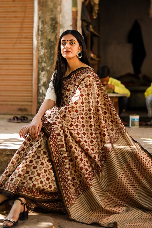 "CHROMA" BAGRU HANDBLOCK PRINT CHANDERI SILK SAREE - SootiSyahi