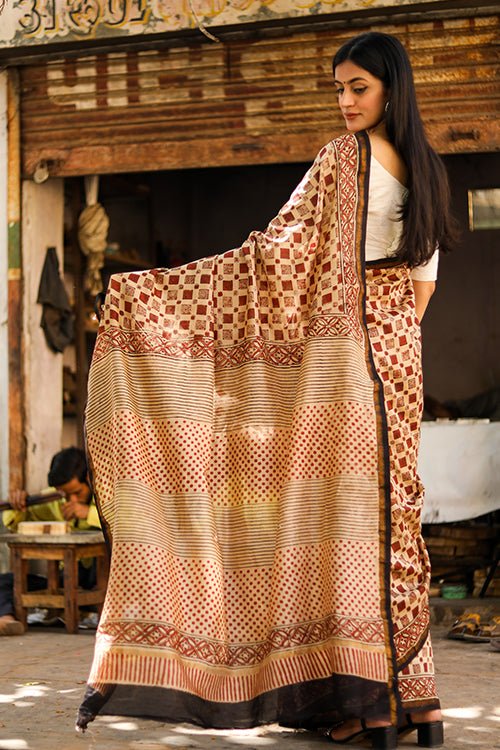 "CHROMA" BAGRU HANDBLOCK PRINT CHANDERI SILK SAREE - SootiSyahi