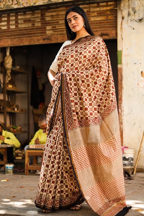 "CHROMA" BAGRU HANDBLOCK PRINT CHANDERI SILK SAREE - SootiSyahi