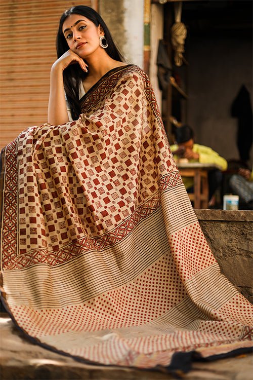 "CHROMA" BAGRU HANDBLOCK PRINT CHANDERI SILK SAREE - SootiSyahi